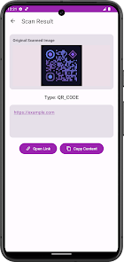 Scan result showing QR code details and actions