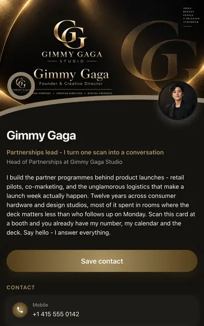 A digital business card open on a phone, showing a cover photo, a portrait, a
job title and a Save contact button