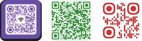 Three QR codes made with this generator, in different colors, dot shapes and eye
styles, one of them carrying a logo